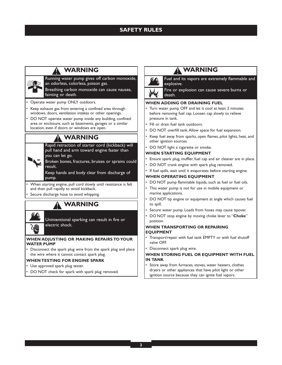 Warning | Briggs & Stratton 073004 WP15-225 User Manual | Page 3 / 64