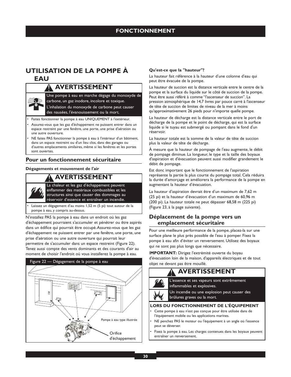 Utilisation de la pompe à eau, Avertissement, Fonctionnement | Pour un fonctionnement sécuritaire | Briggs & Stratton 073004 WP15-225 User Manual | Page 30 / 64