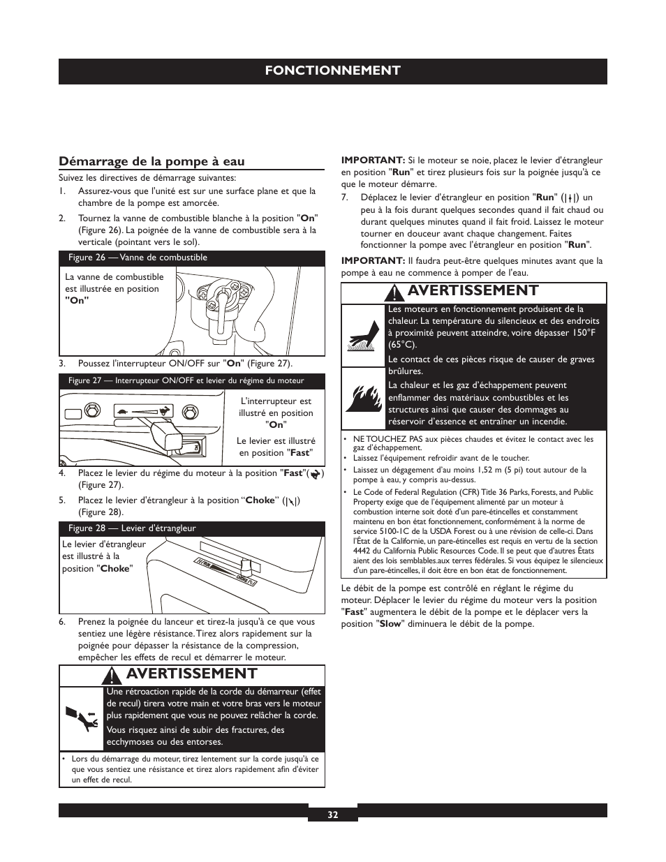 Avertissement, Fonctionnement démarrage de la pompe à eau | Briggs & Stratton 073004 WP15-225 User Manual | Page 32 / 64