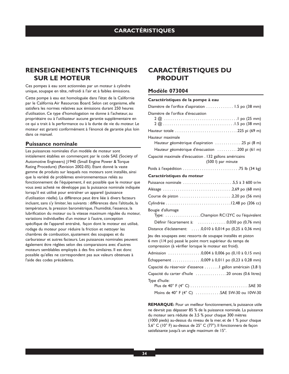 Renseignements techniques sur le moteur, Caractéristiques du produit | Briggs & Stratton 073004 WP15-225 User Manual | Page 34 / 64