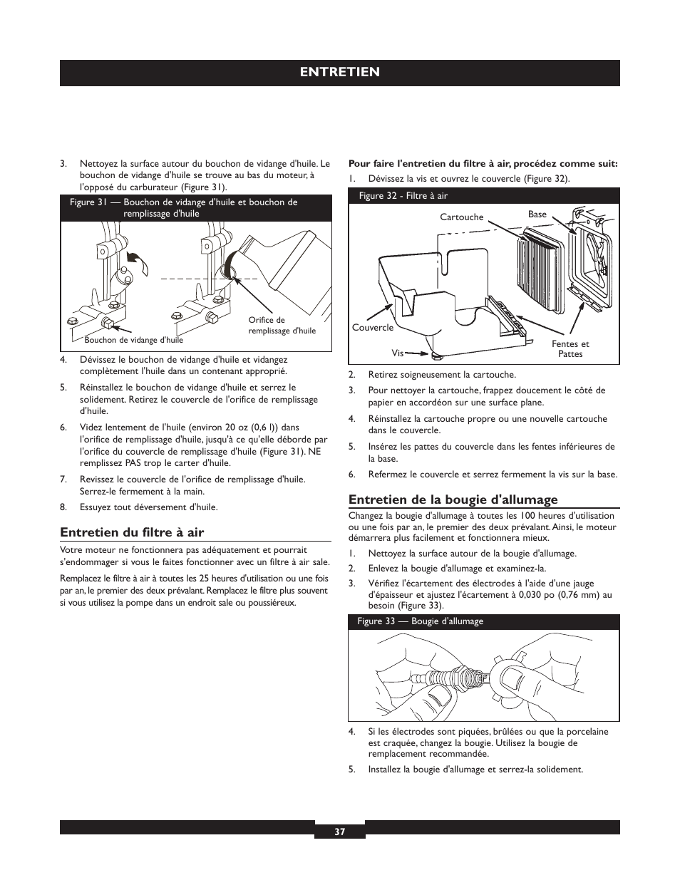 Entretien, Entretien du filtre à air, Entretien de la bougie d'allumage | Briggs & Stratton 073004 WP15-225 User Manual | Page 37 / 64