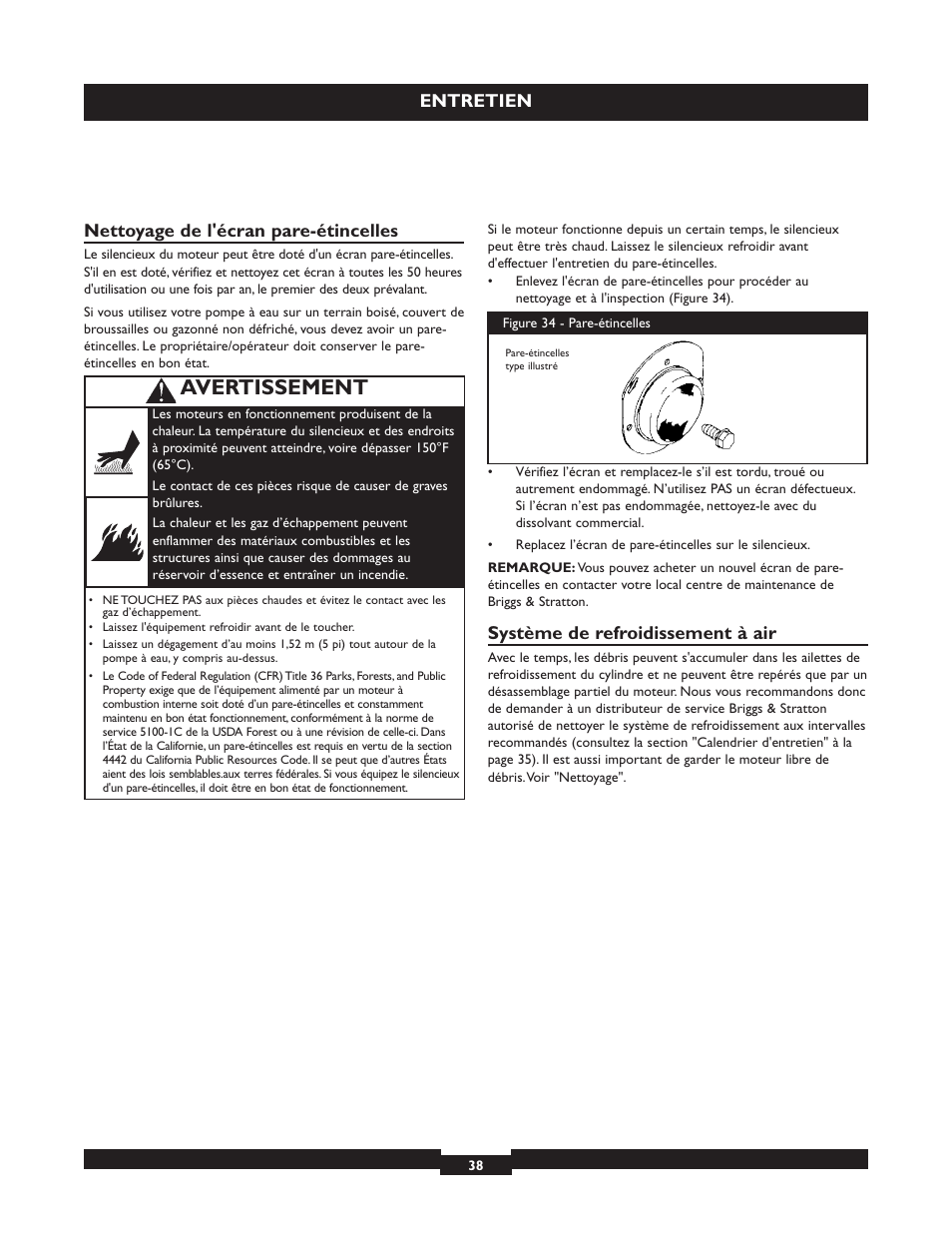 Avertissement, Entretien nettoyage de l'écran pare-étincelles, Système de refroidissement à air | Briggs & Stratton 073004 WP15-225 User Manual | Page 38 / 64