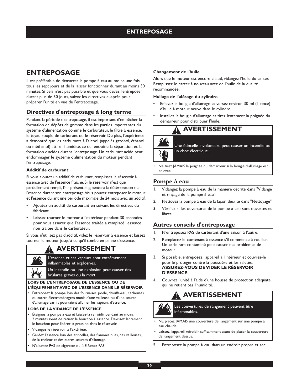 Avertissement, Entreposage, Directives d'entreposage à long terme | Pompe à eau, Autres conseils d'entreposage | Briggs & Stratton 073004 WP15-225 User Manual | Page 39 / 64