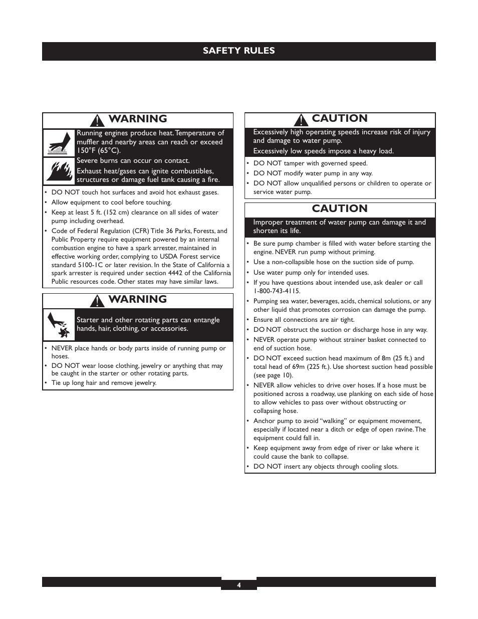 Caution, Warning | Briggs & Stratton 073004 WP15-225 User Manual | Page 4 / 64