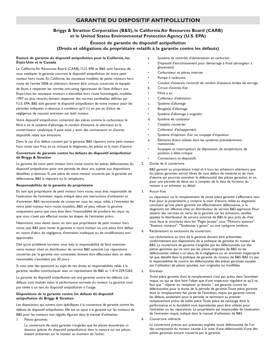 Garantie du dispositif antipollution | Briggs & Stratton 073004 WP15-225 User Manual | Page 41 / 64