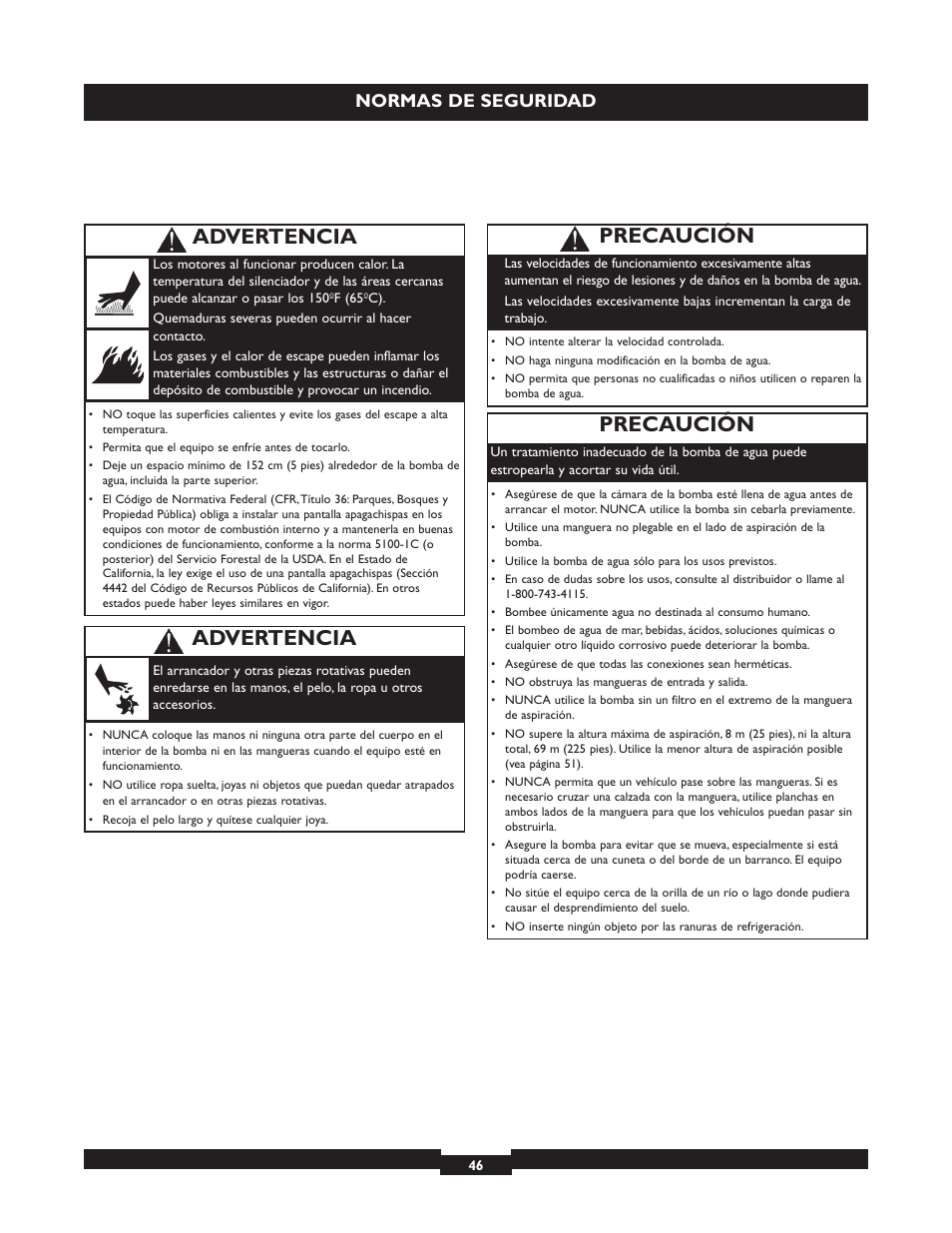 Precaución, Advertencia, Normas de seguridad | Briggs & Stratton 073004 WP15-225 User Manual | Page 46 / 64