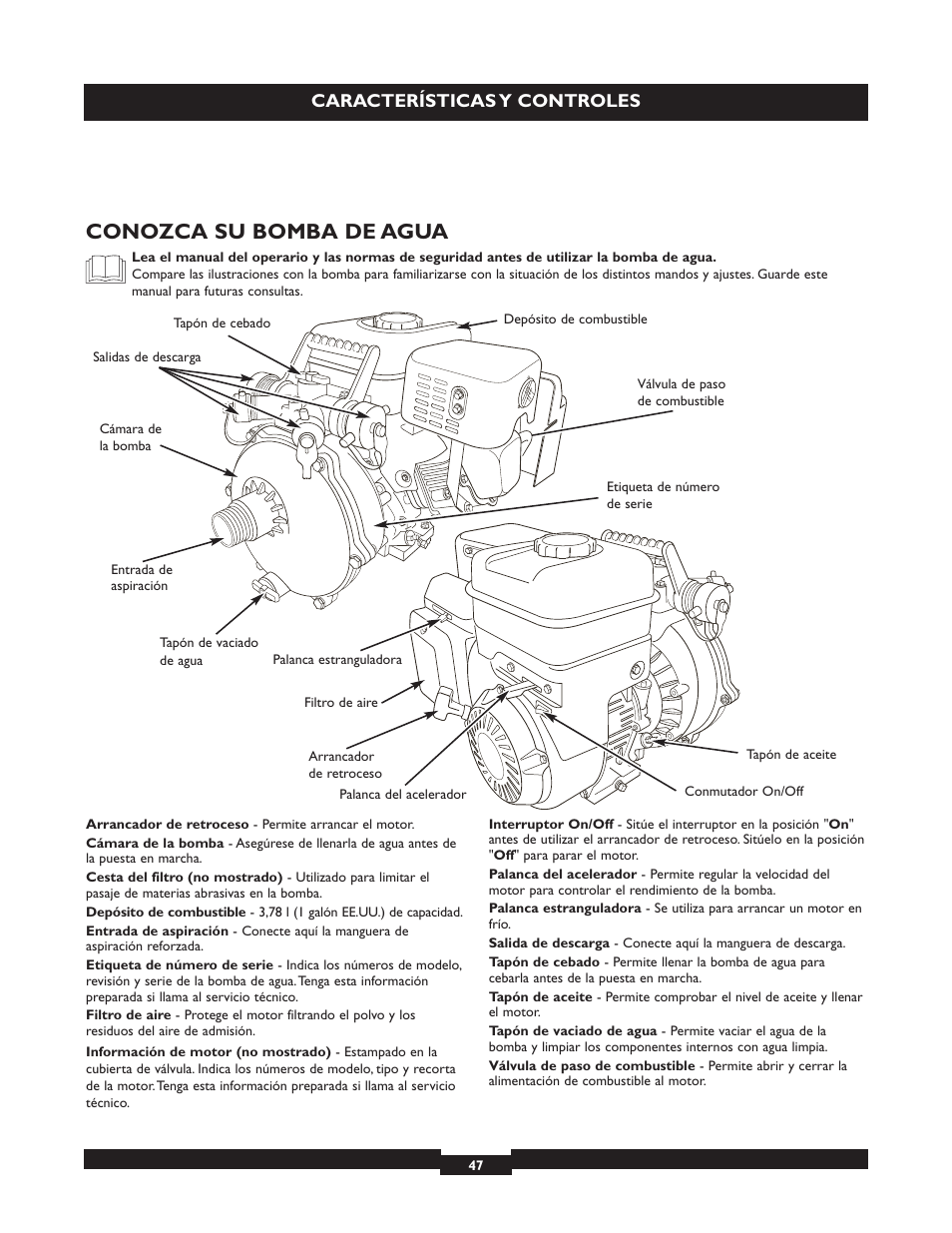 Conozca su bomba de agua, Características y controles | Briggs & Stratton 073004 WP15-225 User Manual | Page 47 / 64