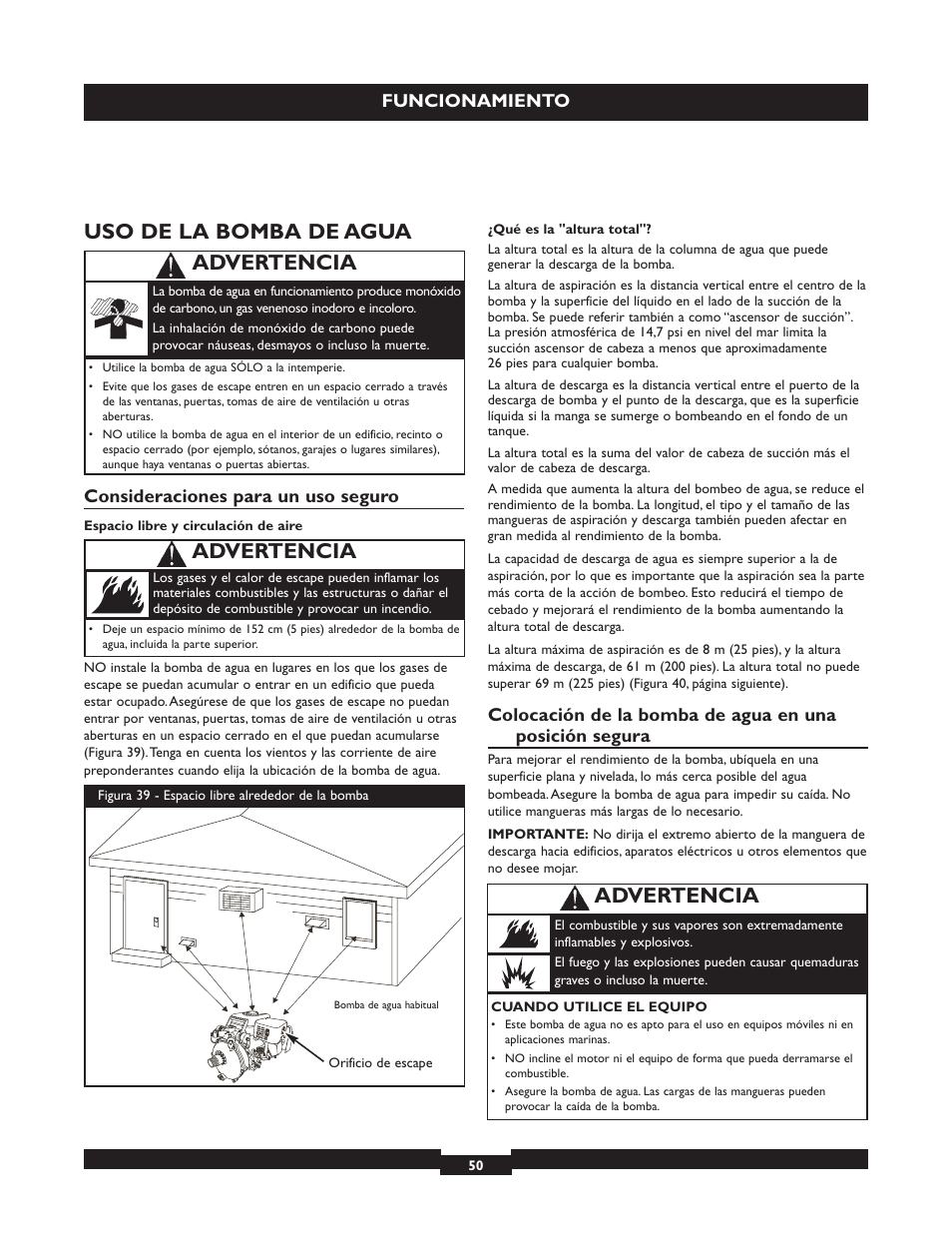 Uso de la bomba de agua, Advertencia, Funcionamiento | Consideraciones para un uso seguro | Briggs & Stratton 073004 WP15-225 User Manual | Page 50 / 64