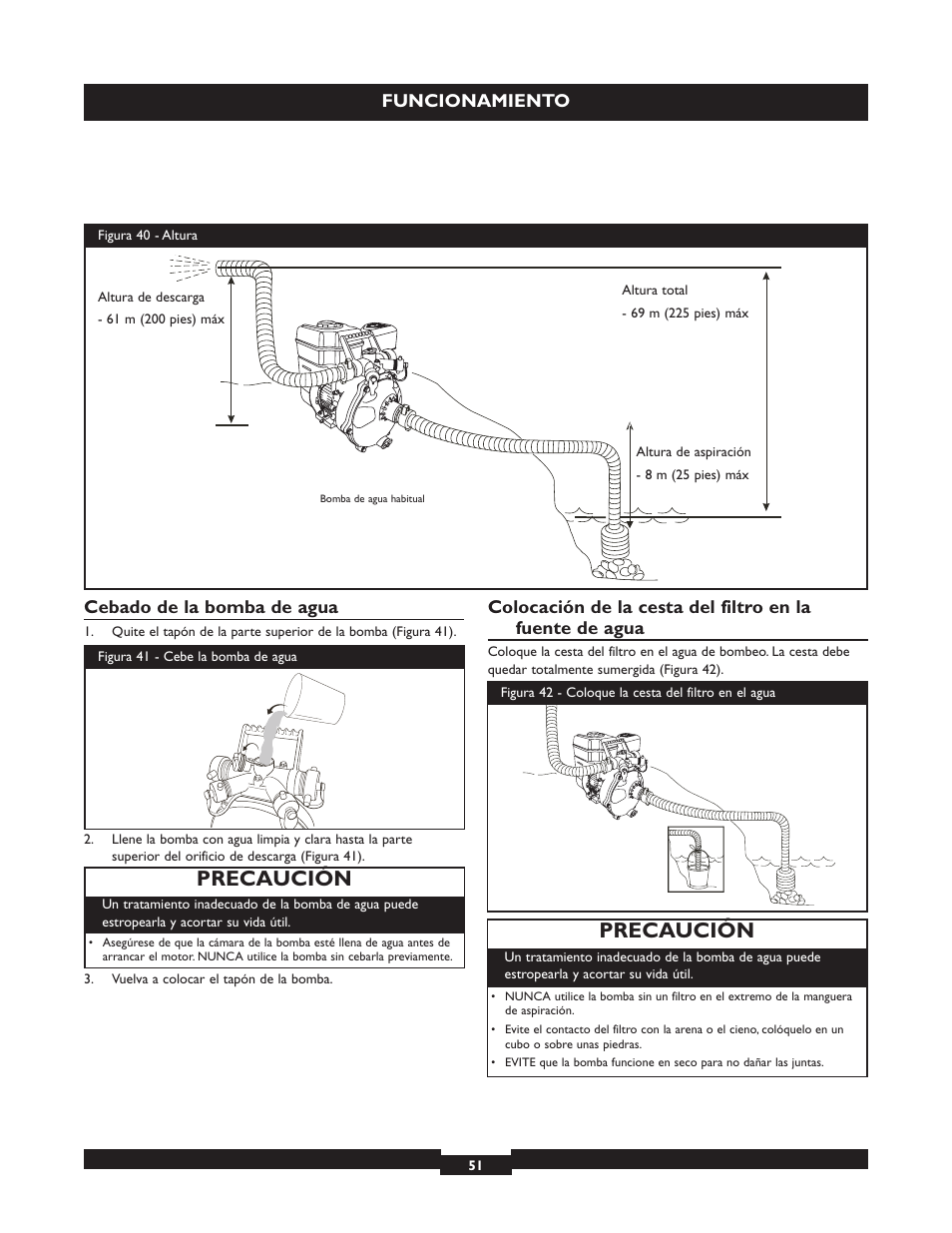 Precaución, Funcionamiento cebado de la bomba de agua | Briggs & Stratton 073004 WP15-225 User Manual | Page 51 / 64