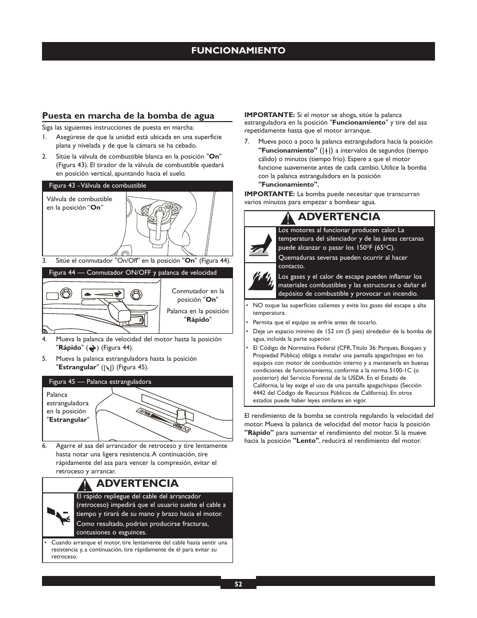 Advertencia | Briggs & Stratton 073004 WP15-225 User Manual | Page 52 / 64