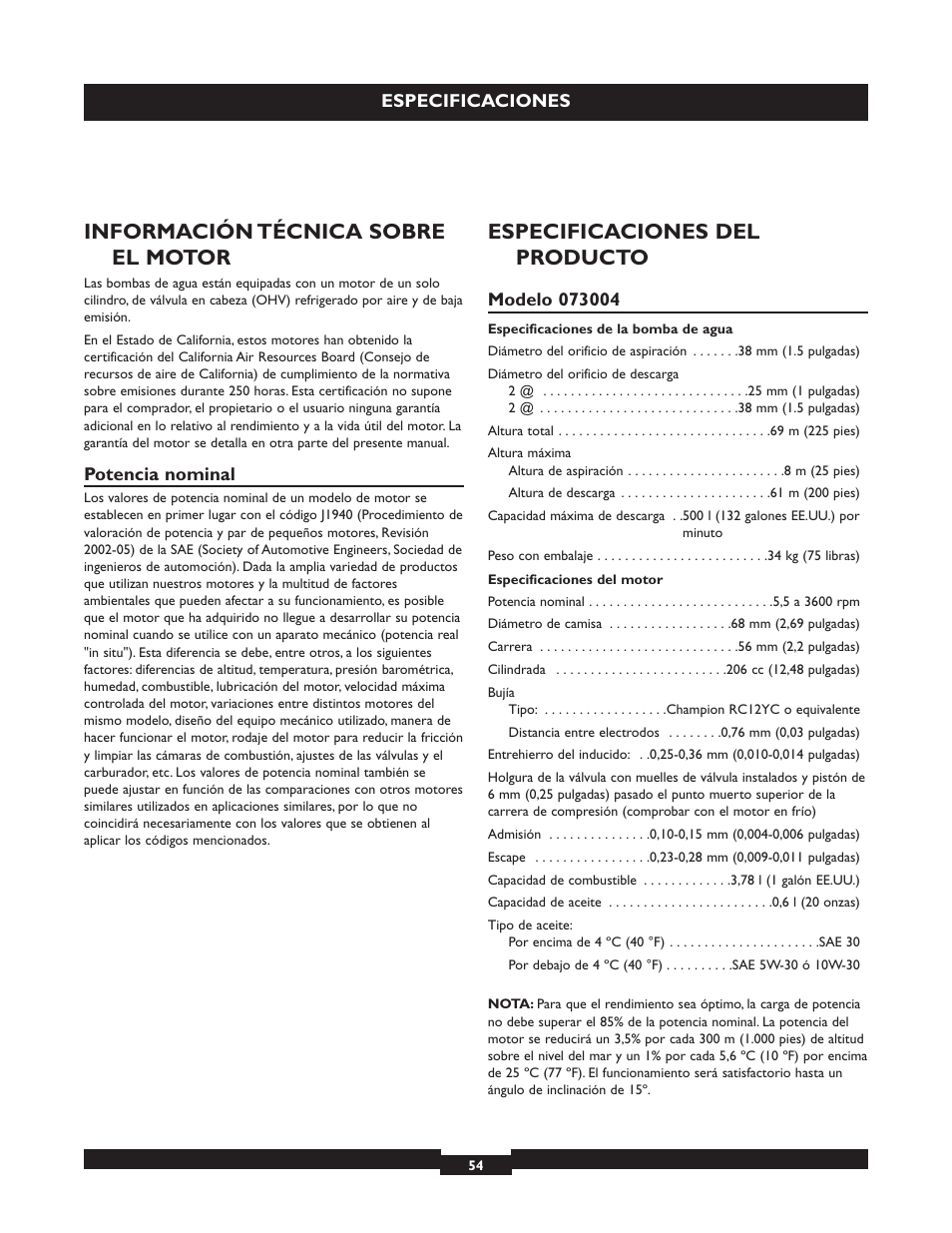 Información técnica sobre el motor, Especificaciones del producto | Briggs & Stratton 073004 WP15-225 User Manual | Page 54 / 64