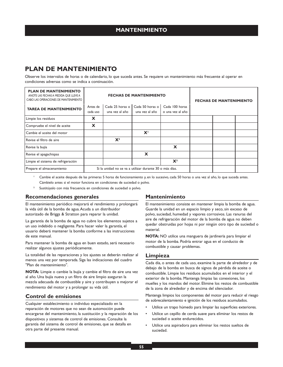 Plan de mantenimiento, Mantenimiento, Recomendaciones generales | Control de emisiones, Limpieza | Briggs & Stratton 073004 WP15-225 User Manual | Page 55 / 64