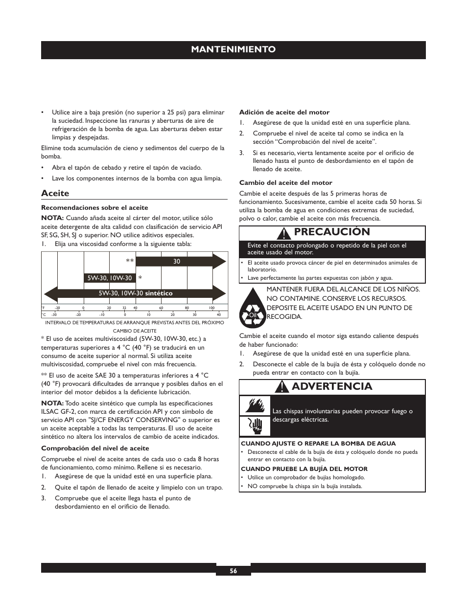 Precaución, Advertencia, Mantenimiento | Aceite | Briggs & Stratton 073004 WP15-225 User Manual | Page 56 / 64