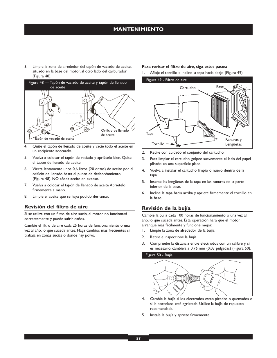 Mantenimiento, Revisión del filtro de aire, Revisión de la bujía | Briggs & Stratton 073004 WP15-225 User Manual | Page 57 / 64