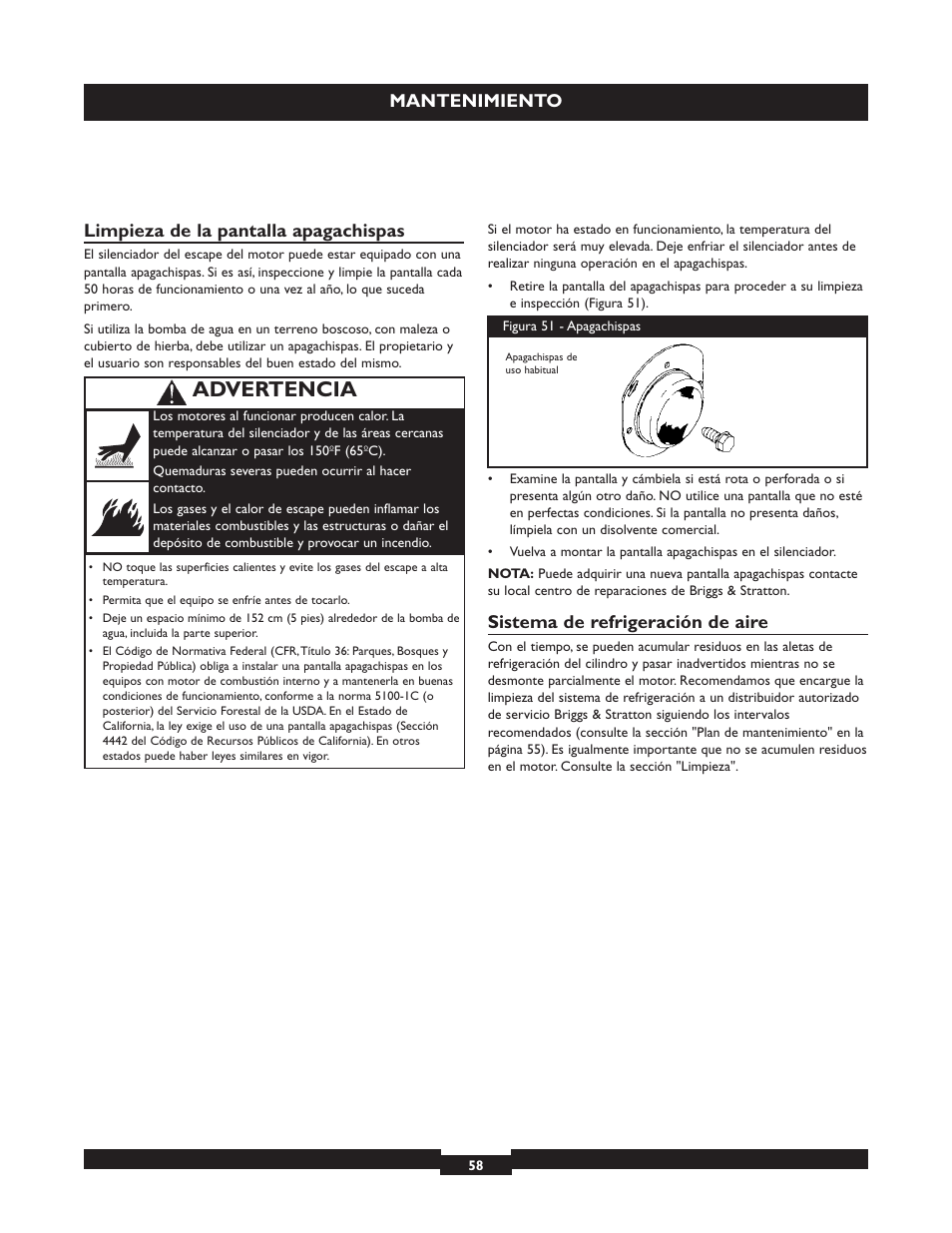 Advertencia, Mantenimiento limpieza de la pantalla apagachispas, Sistema de refrigeración de aire | Briggs & Stratton 073004 WP15-225 User Manual | Page 58 / 64