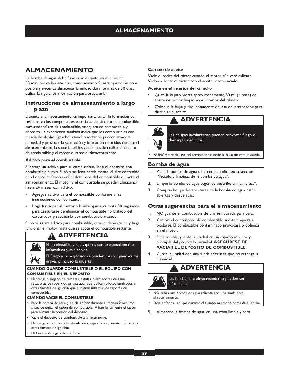 Advertencia, Almacenamiento, Instrucciones de almacenamiento a largo plazo | Bomba de agua, Otras sugerencias para el almacenamiento | Briggs & Stratton 073004 WP15-225 User Manual | Page 59 / 64