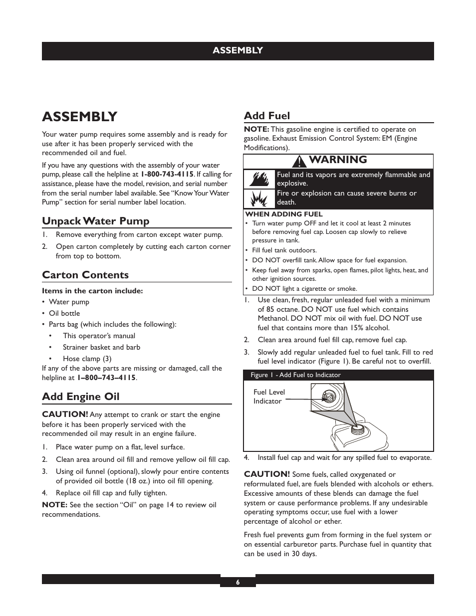 Assembly, Unpack water pump, Carton contents | Add engine oil, Add fuel, Warning | Briggs & Stratton 073004 WP15-225 User Manual | Page 6 / 64