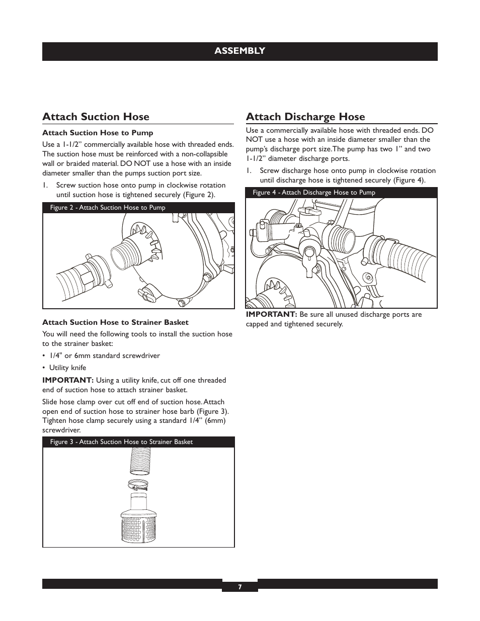 Attach suction hose, Attach discharge hose | Briggs & Stratton 073004 WP15-225 User Manual | Page 7 / 64