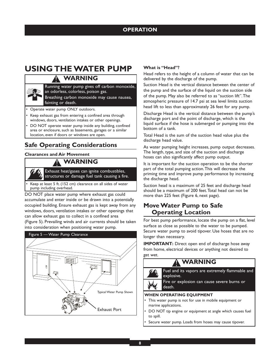 Using the water pump, Safe operating considerations, Move water pump to safe operating location | Warning | Briggs & Stratton 073004 WP15-225 User Manual | Page 8 / 64