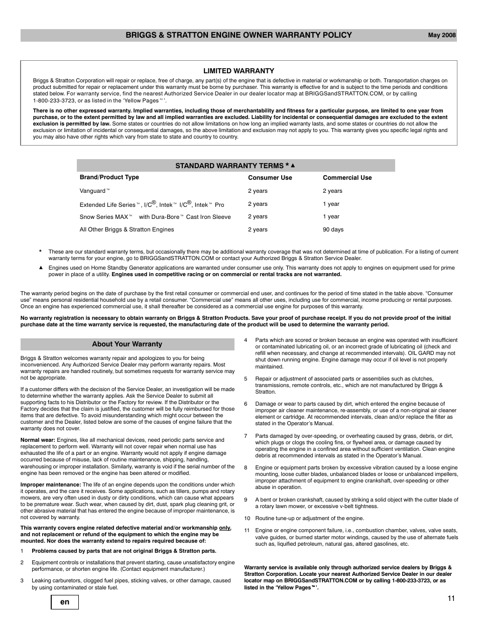 Limited warranty standard warranty terms, About your warranty | Briggs & Stratton 200000 User Manual | Page 11 / 28