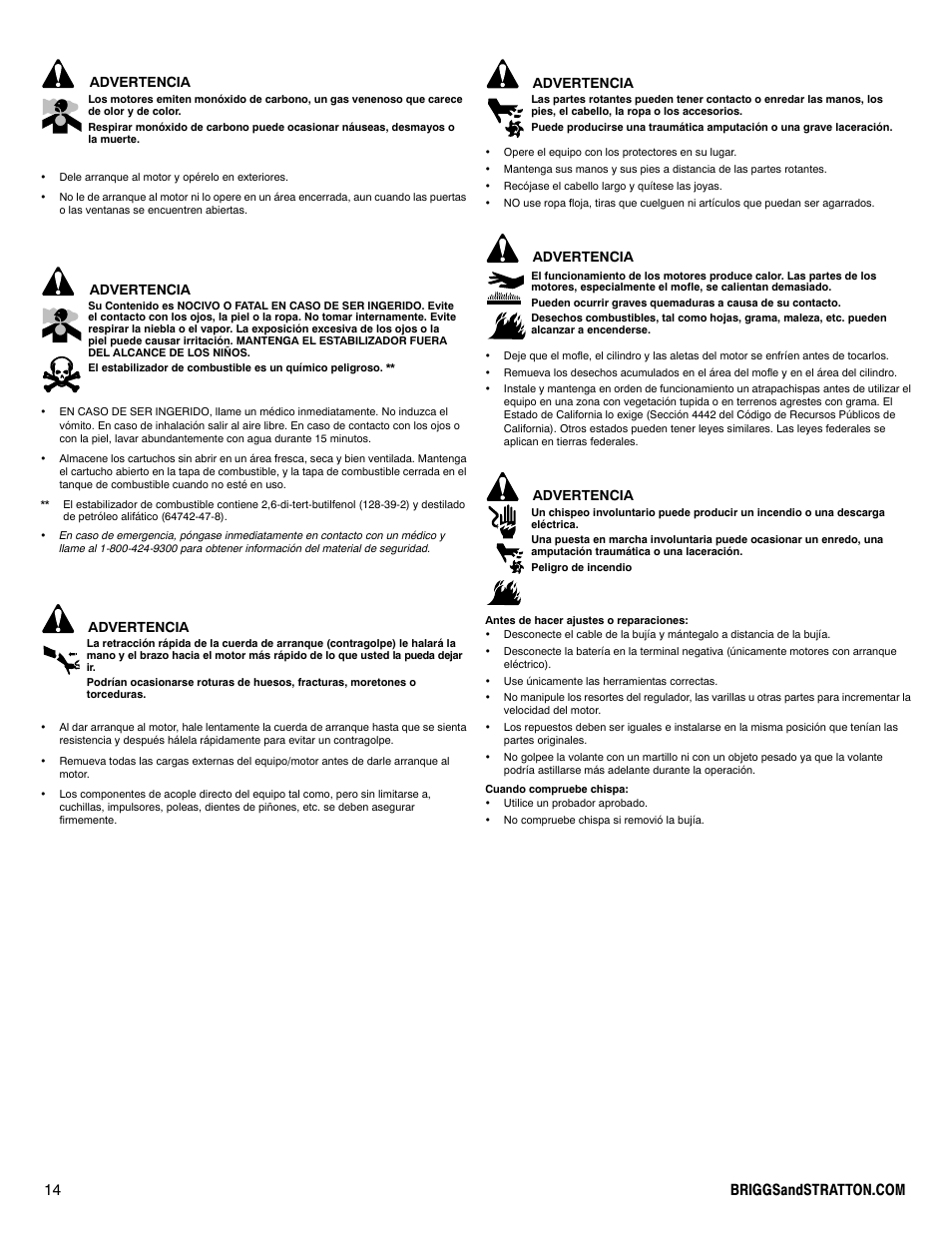 Advertencia | Briggs & Stratton 200000 User Manual | Page 14 / 28
