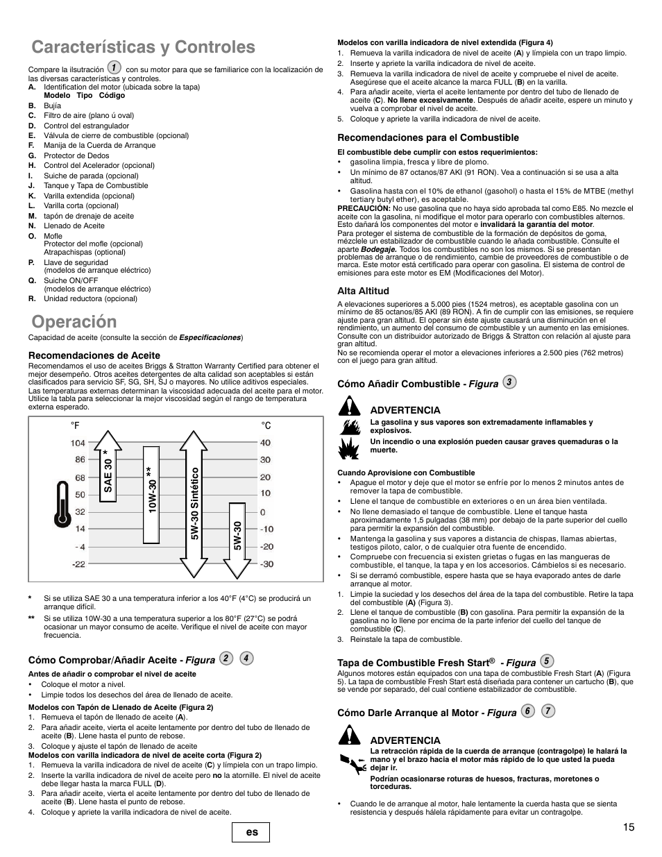 Características y controles, Operación, 15 es | Briggs & Stratton 200000 User Manual | Page 15 / 28