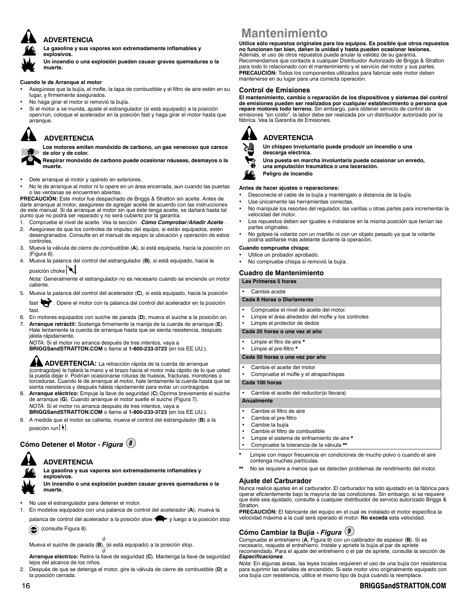 Mantenimiento, Advertencia, Cómo detener el motor - figura 8 advertencia | Control de emisiones, Cuadro de mantenimiento, Ajuste del carburador, Cómo cambiar la bujía - figura 9 | Briggs & Stratton 200000 User Manual | Page 16 / 28