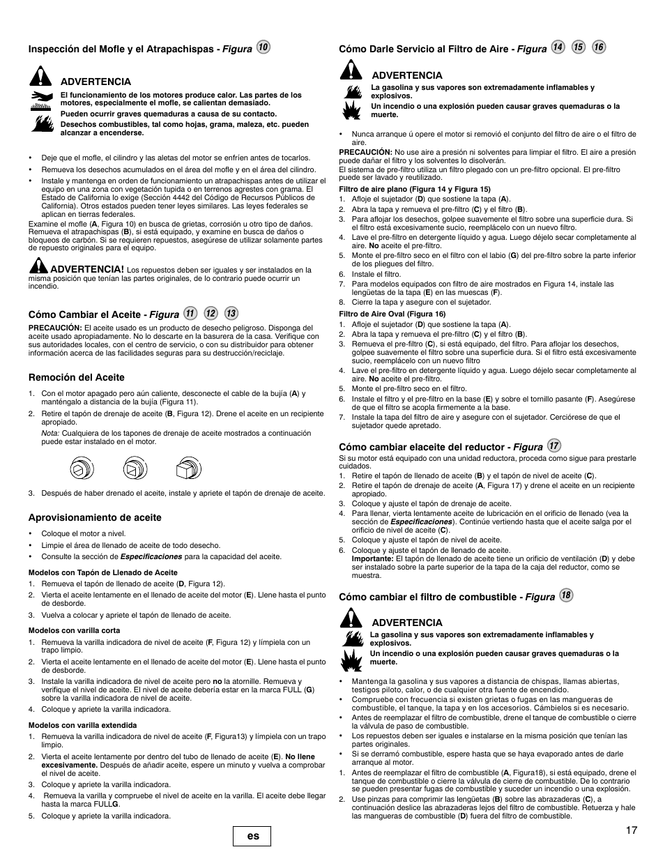 17 es, Advertencia, Remoción del aceite | Aprovisionamiento de aceite, Cómo cambiar elaceite del reductor - figura 17 | Briggs & Stratton 200000 User Manual | Page 17 / 28