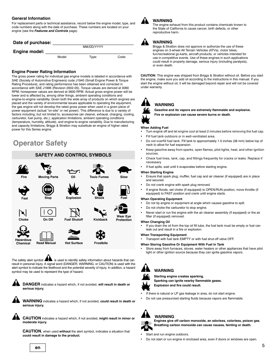 Operator safety, Date of purchase: engine model, Safety and control symbols | Briggs & Stratton 200000 User Manual | Page 5 / 28