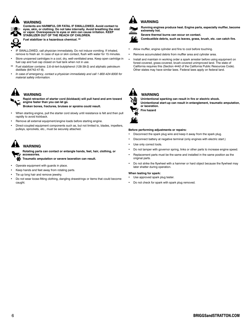 Warning | Briggs & Stratton 200000 User Manual | Page 6 / 28