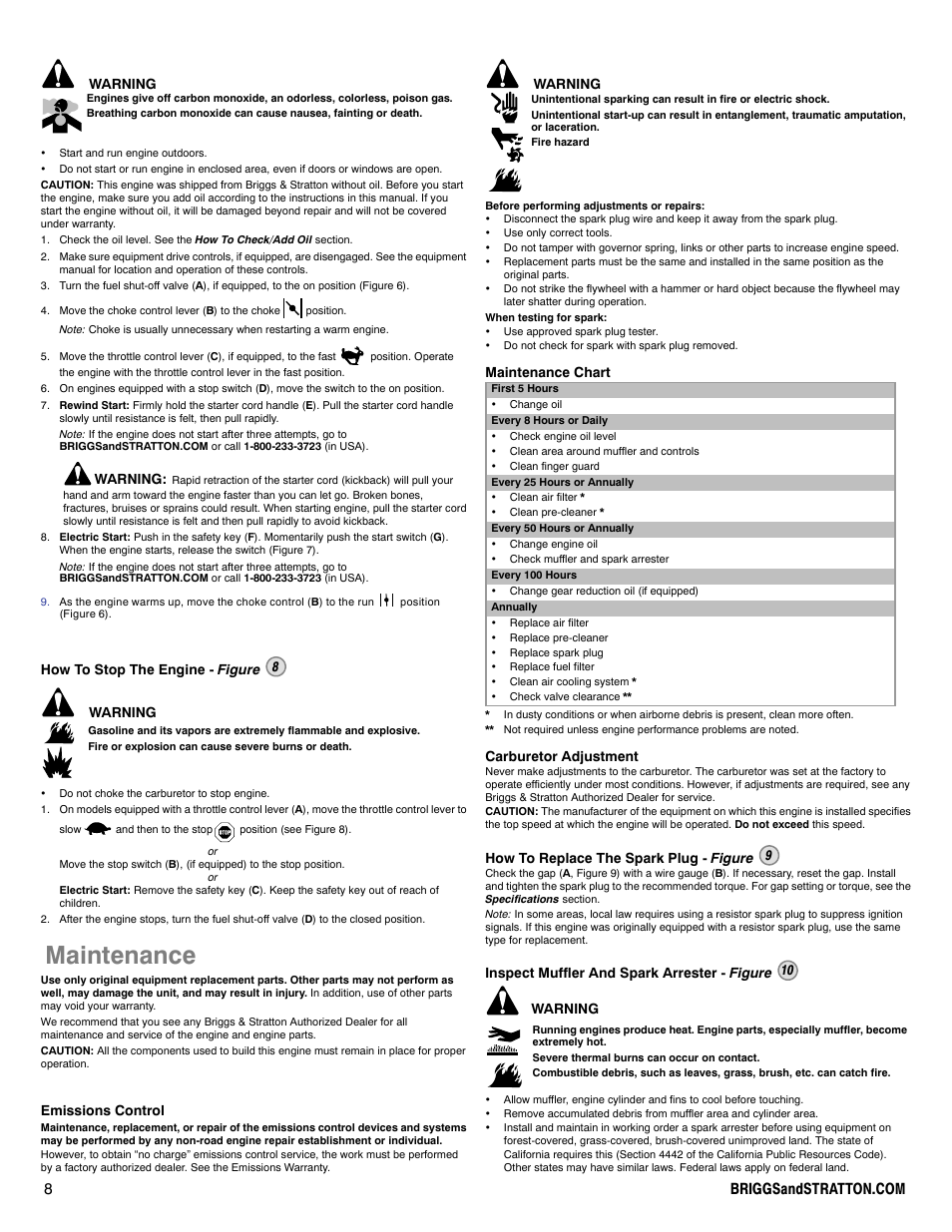 Maintenance, Warning, How to stop the engine - figure 8 warning | Emissions control, Maintenance chart, Carburetor adjustment, How to replace the spark plug - figure 9, Inspect muffler and spark arrester - figure 10 | Briggs & Stratton 200000 User Manual | Page 8 / 28