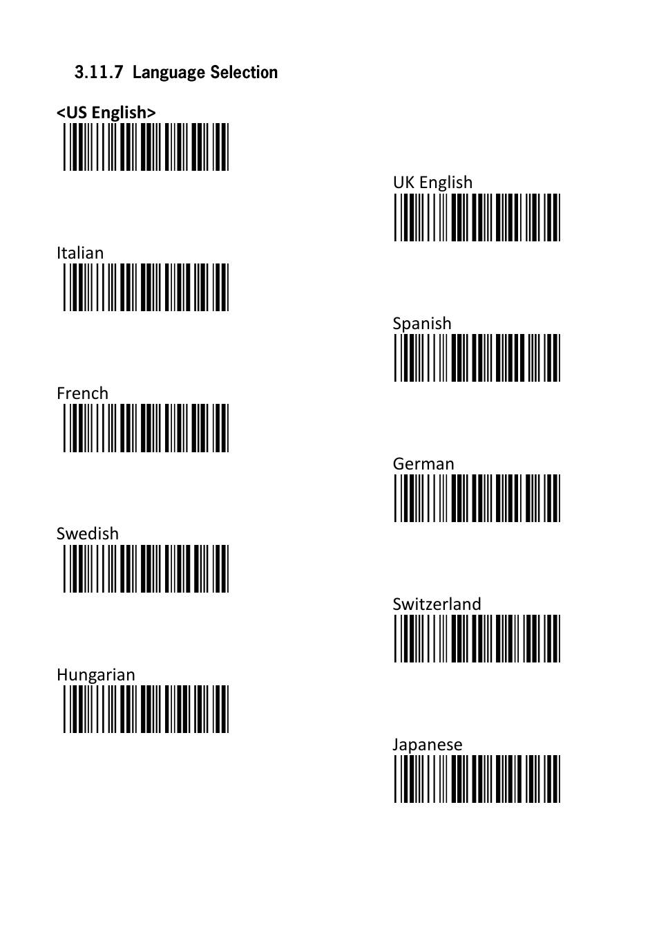 7 language selection, Us english, Uk english italian | Spanish french, German swedish, Switzerland hungarian, Japanese | SCANTECH ID (Champtek company) VEGA V-1030 User Manual | Page 23 / 41