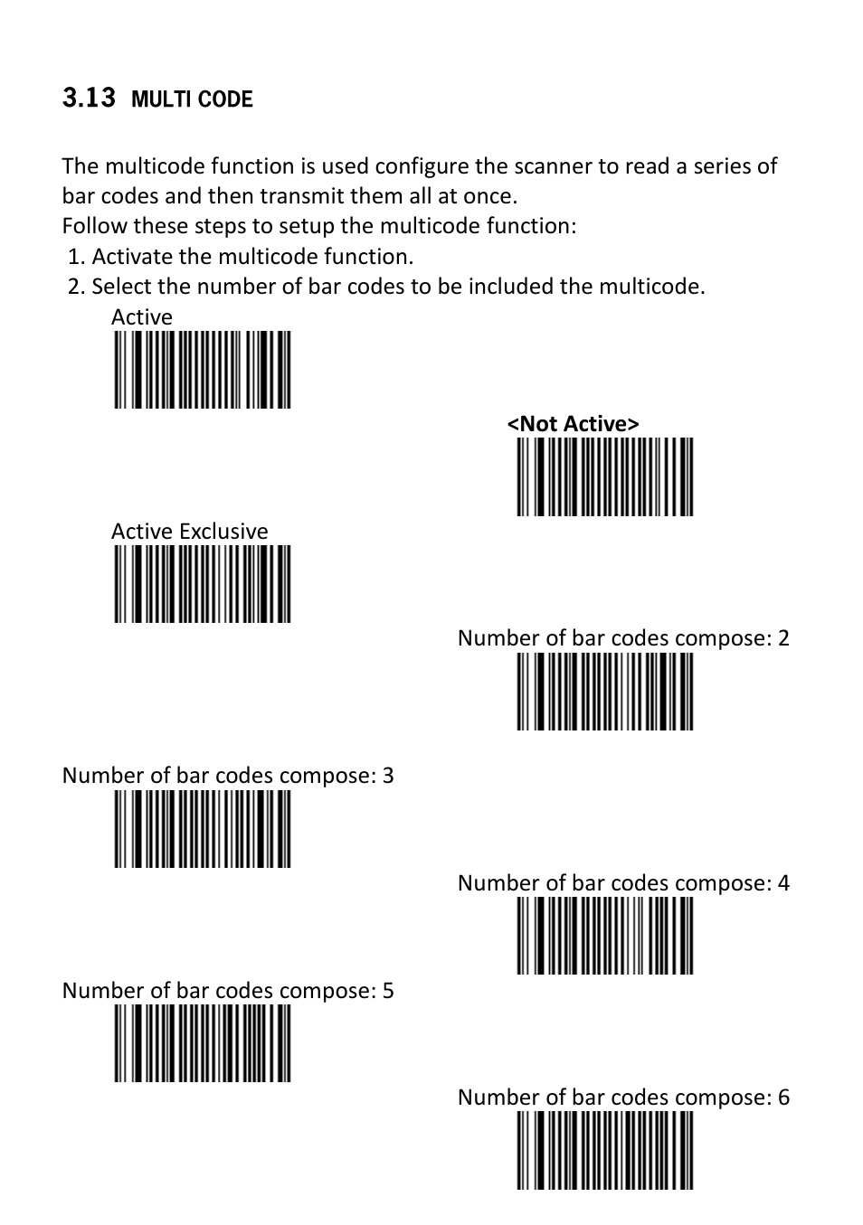 Multi code, Not active, Active exclusive | Number of bar codes compose: 2, Number of bar codes compose: 3, Number of bar codes compose: 4, Number of bar codes compose: 5, Number of bar codes compose: 6 | SCANTECH ID (Champtek company) VEGA V-1030 User Manual | Page 35 / 41