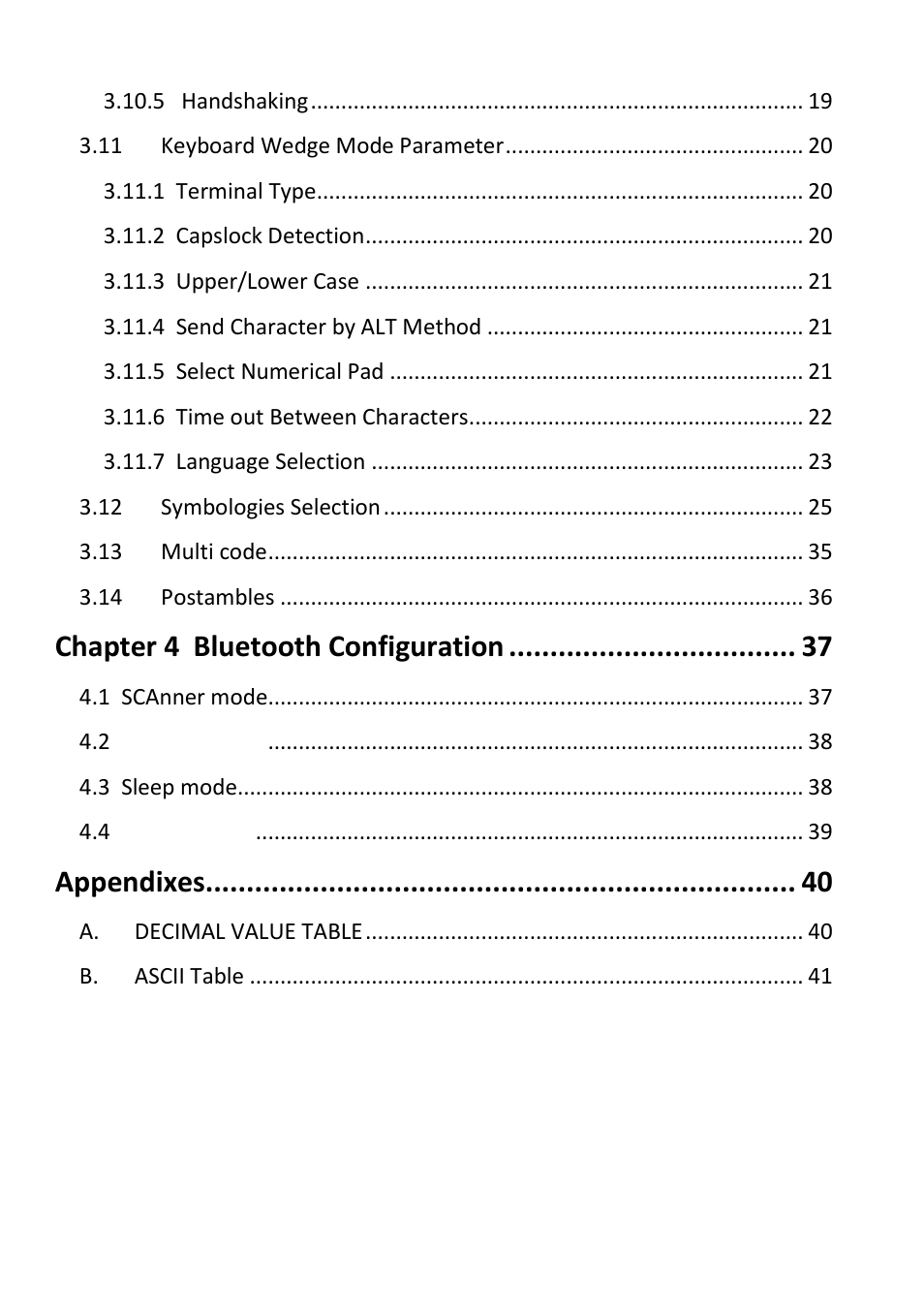 Chapter 4 bluetooth configuration, Appendixes | SCANTECH ID (Champtek company) VEGA V-1030 User Manual | Page 4 / 41