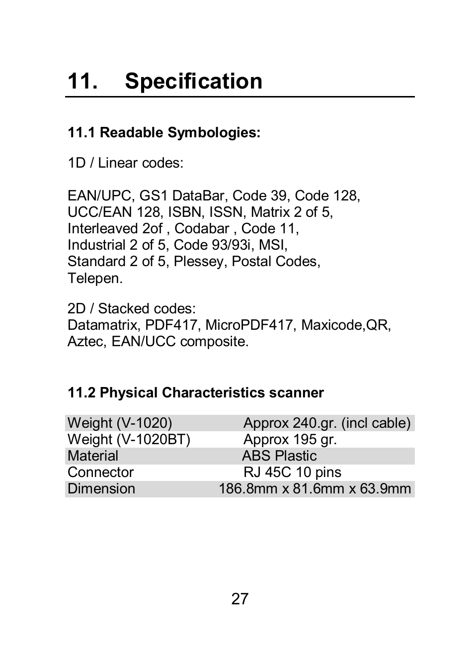 Specification | SCANTECH ID (Champtek company) VEGA V-1040 User Manual | Page 29 / 32