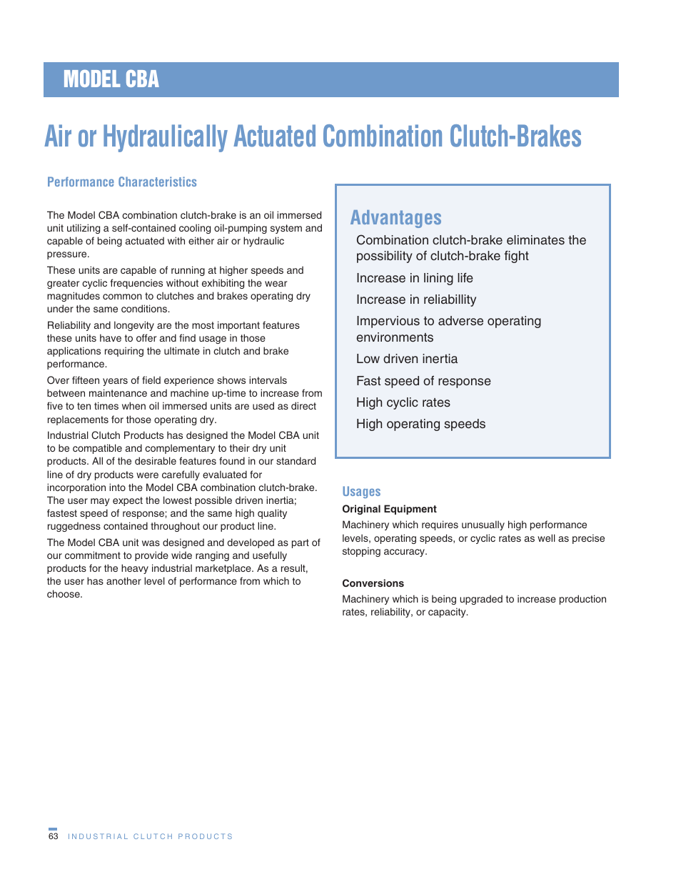 Model cba, Advantages | Wichita Clutch CBA Combination Clutch Brake User Manual | Page 2 / 6
