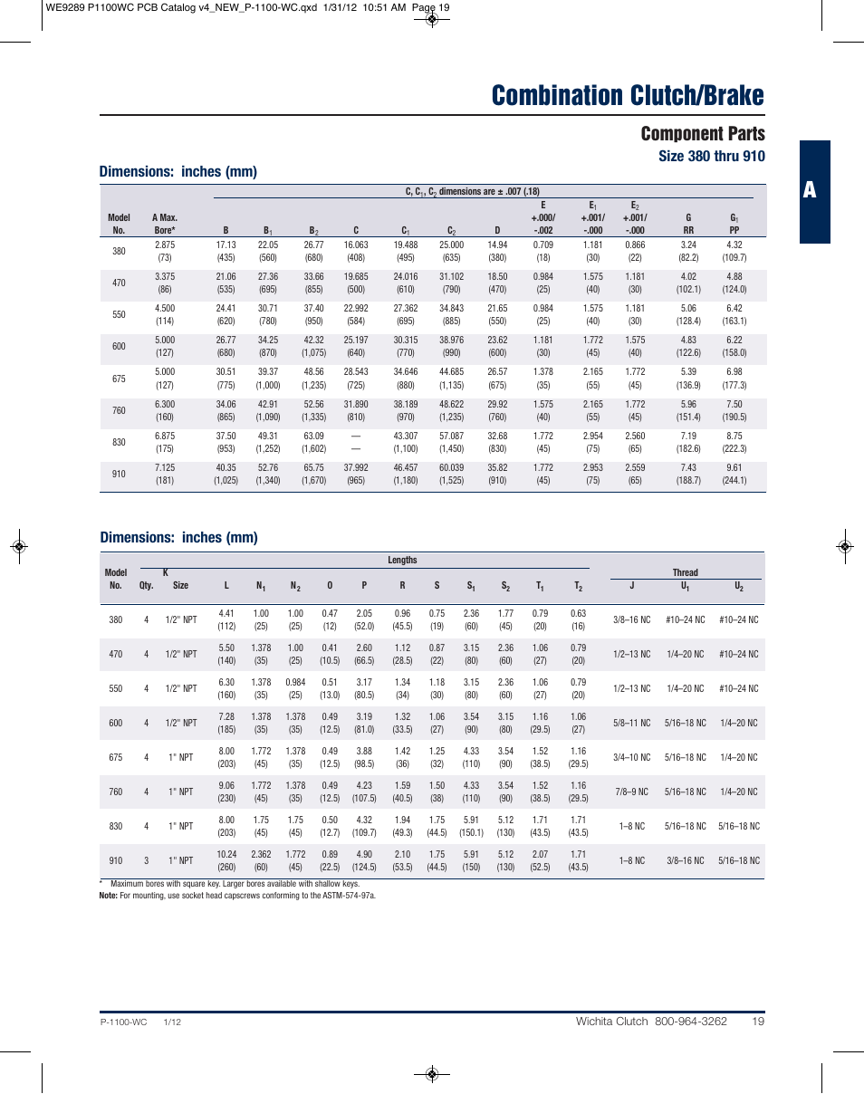 Combination clutch/brake, Component parts, Dimensions: inches (mm) | Wichita Clutch CCB - Combination Clutch Brake Unit User Manual | Page 10 / 12