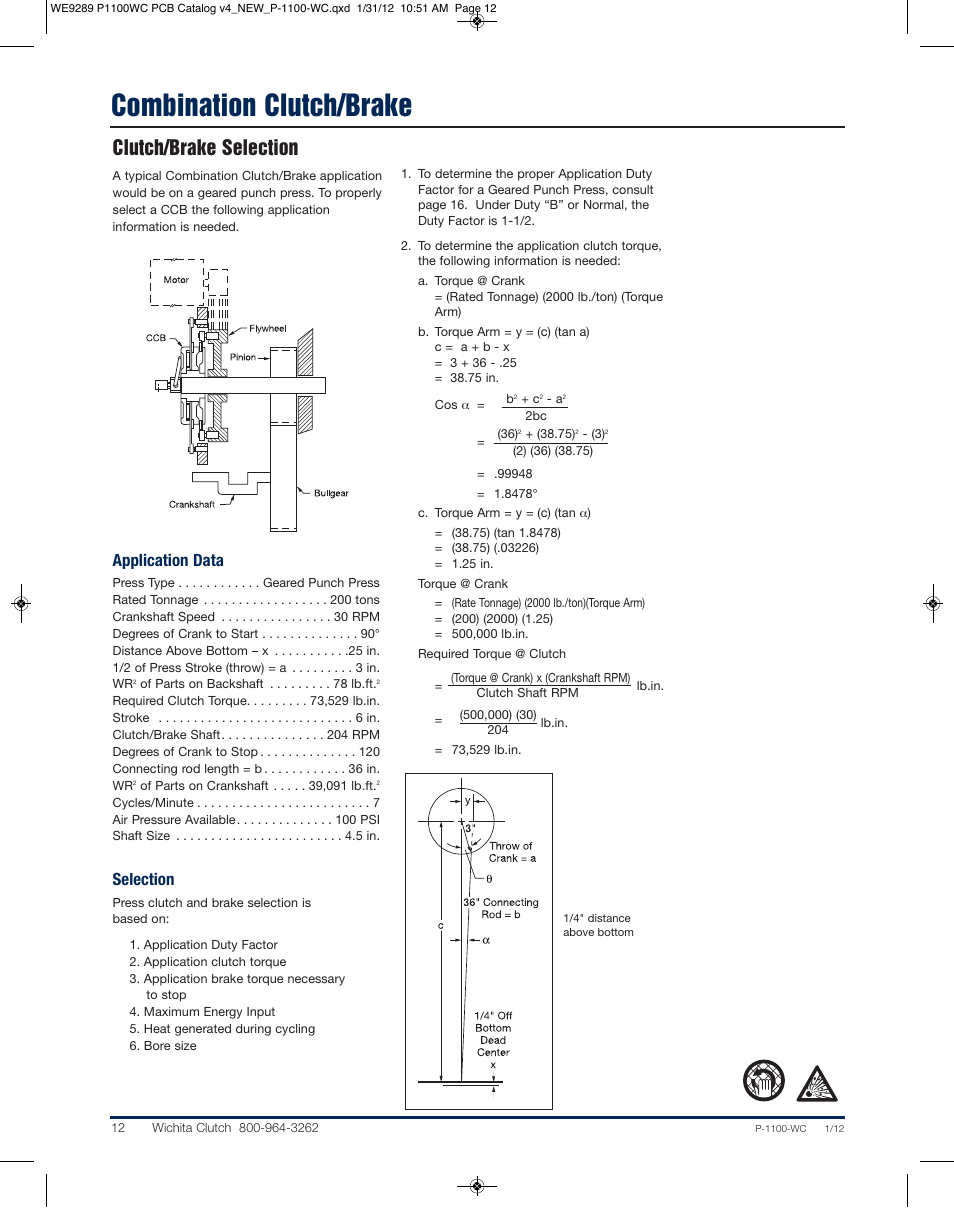 Combination clutch/brake, Clutch/brake selection, Application data | Selection | Wichita Clutch CCB - Combination Clutch Brake Unit User Manual | Page 3 / 12