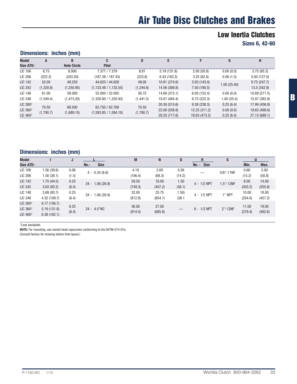 Air tube disc clutches and brakes, Low inertia clutches, Dimensions: inches (mm) | Wichita Clutch Low Inertia (LI) Clutch User Manual | Page 12 / 22