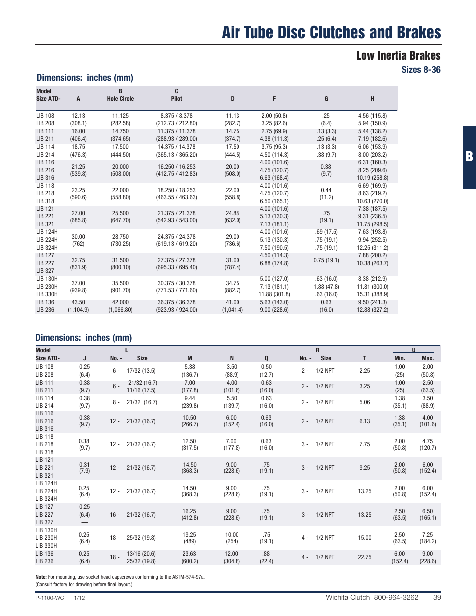 Air tube disc clutches and brakes, Low inertia brakes, Sizes 8-36 | Dimensions: inches (mm) | Wichita Clutch Low Inertia (LI) Clutch User Manual | Page 18 / 22