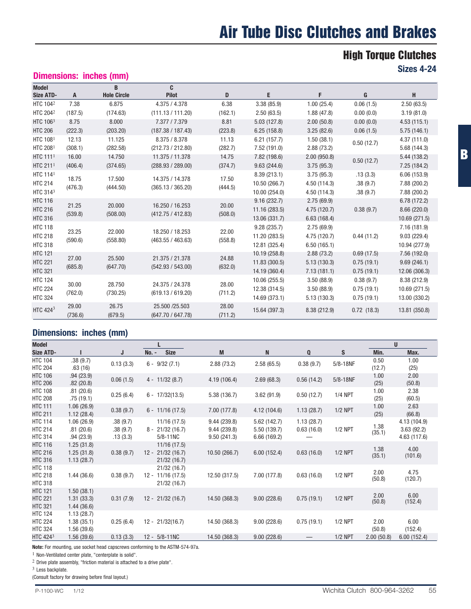 Air tube disc clutches and brakes, High torque clutches, Sizes 4-24 | Dimensions: inches (mm) | Wichita Clutch Low Inertia (LI) High Torque Clutch User Manual | Page 12 / 14