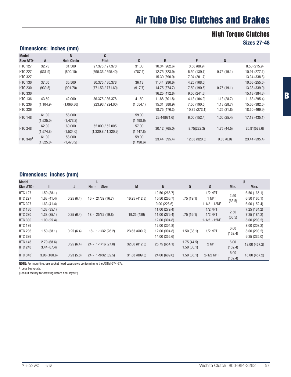 Air tube disc clutches and brakes, High torque clutches, Sizes 27-48 | Dimensions: inches (mm) | Wichita Clutch Low Inertia (LI) High Torque Clutch User Manual | Page 14 / 14