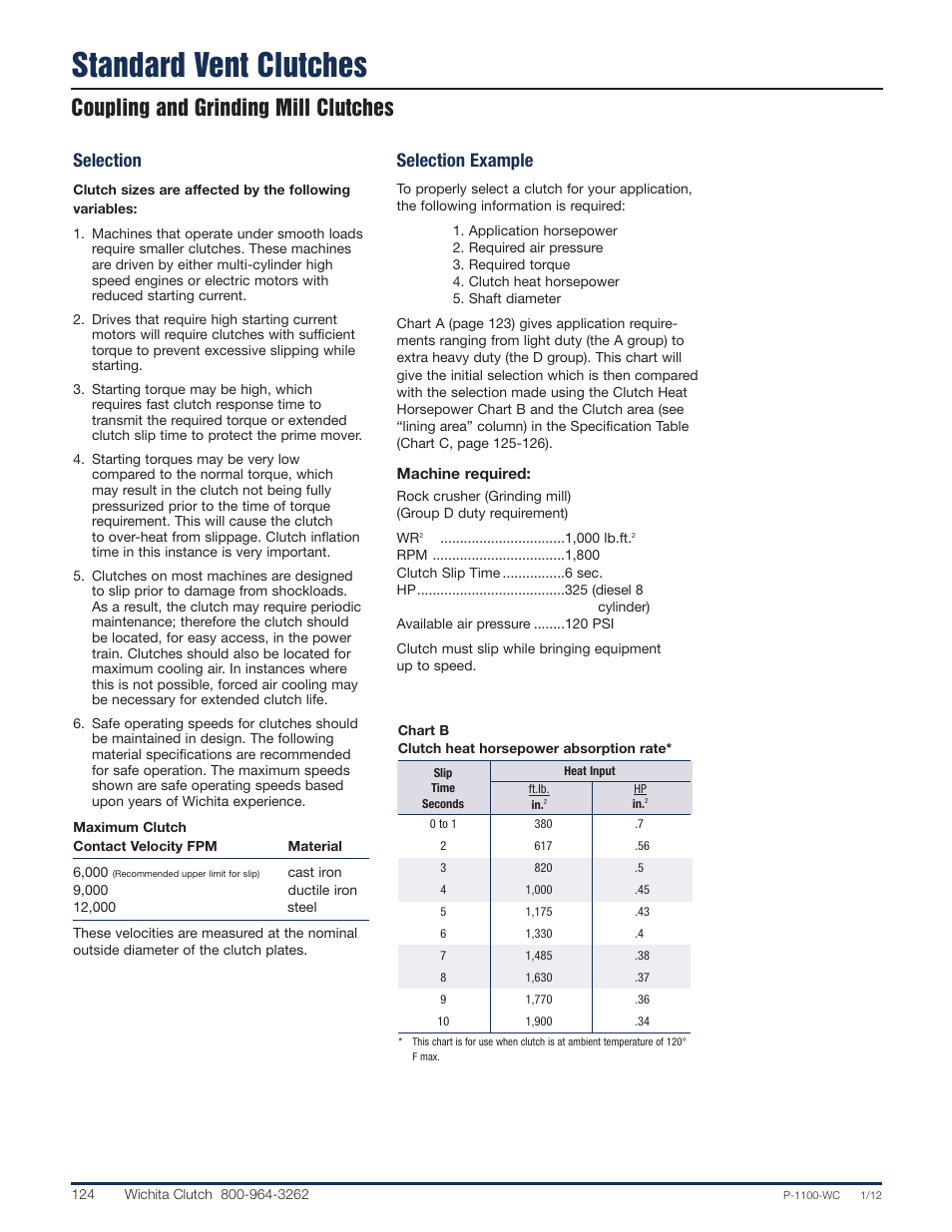 Standard vent clutches, Coupling and grinding mill clutches, Selection | Selection example | Wichita Clutch SV - Standard Ventilated Clutch User Manual | Page 3 / 14