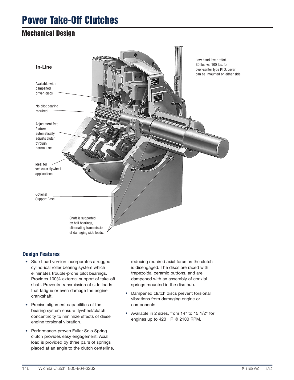 Power take-off clutches, Mechanical design, Design features | Wichita Clutch Mechanical Power Take-Offs User Manual | Page 2 / 9