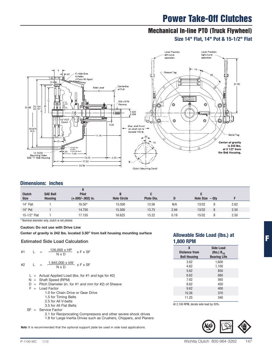 Power take-off clutches, Mechanical in-line pto (truck flywheel), Allowable side load (lbs.) at 1,800 rpm | Dimensions: inches | Wichita Clutch Mechanical Power Take-Offs User Manual | Page 3 / 9