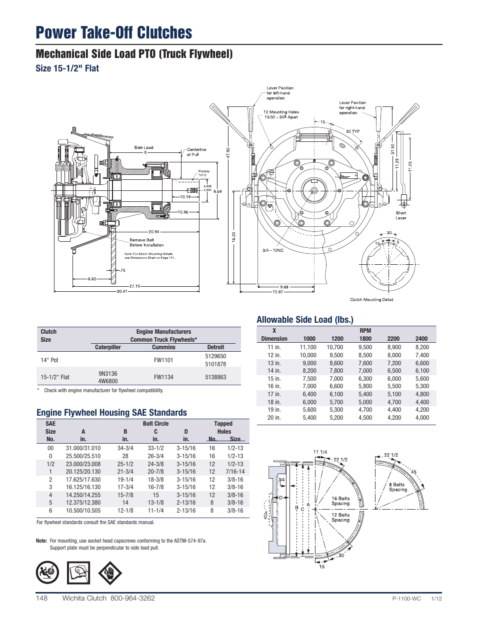 Power take-off clutches, Mechanical side load pto (truck flywheel), Size 15-1/2" flat allowable side load (lbs.) | Engine flywheel housing sae standards | Wichita Clutch Mechanical Power Take-Offs User Manual | Page 4 / 9