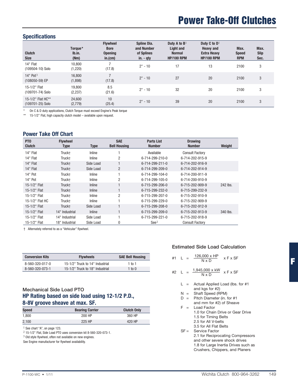 Power take-off clutches, Specifications, Power take off chart | Wichita Clutch Mechanical Power Take-Offs User Manual | Page 5 / 9