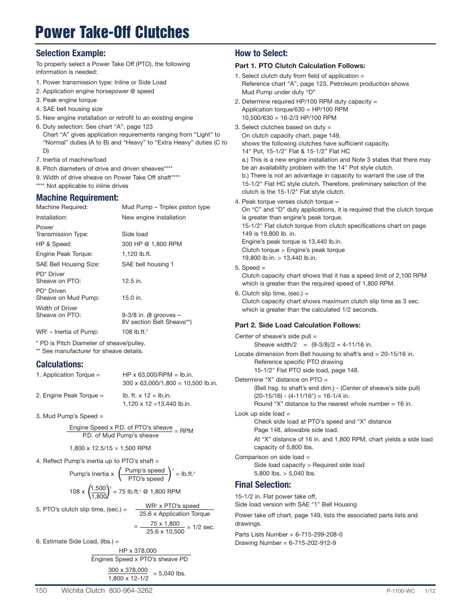 Power take-off clutches, Selection example, Machine requirement | Calculations, How to select, Final selection | Wichita Clutch Mechanical Power Take-Offs User Manual | Page 6 / 9
