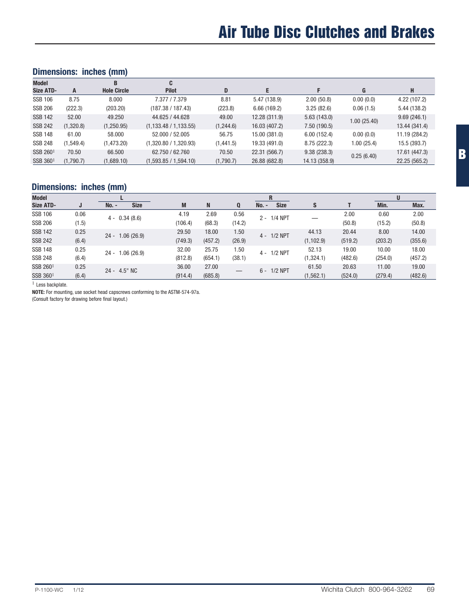 Air tube disc clutches and brakes, Dimensions: inches (mm) | Wichita Clutch LKB Brake User Manual | Page 12 / 12