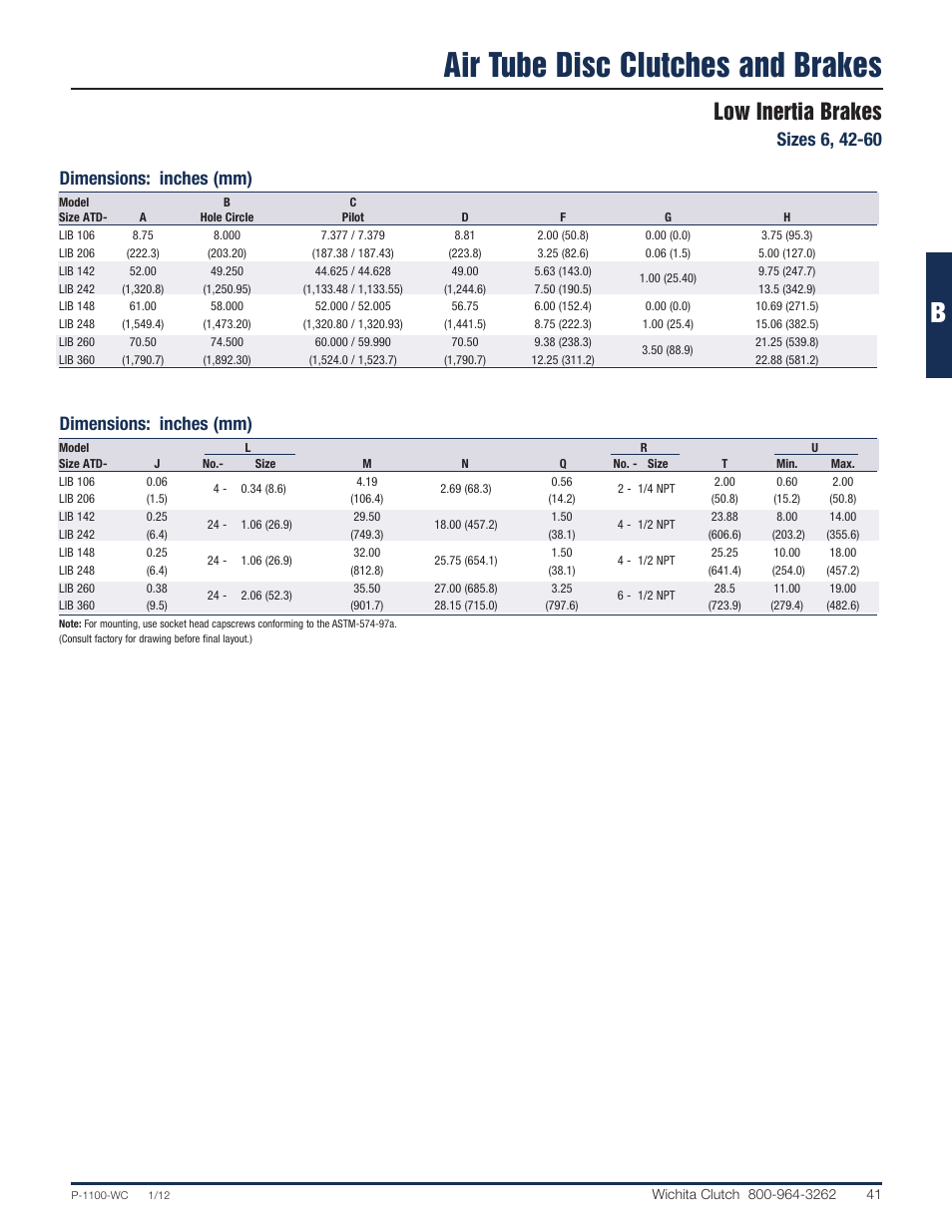 Air tube disc clutches and brakes, Low inertia brakes, Dimensions: inches (mm) | Wichita Clutch LIB - Low Inertia Brake User Manual | Page 20 / 22
